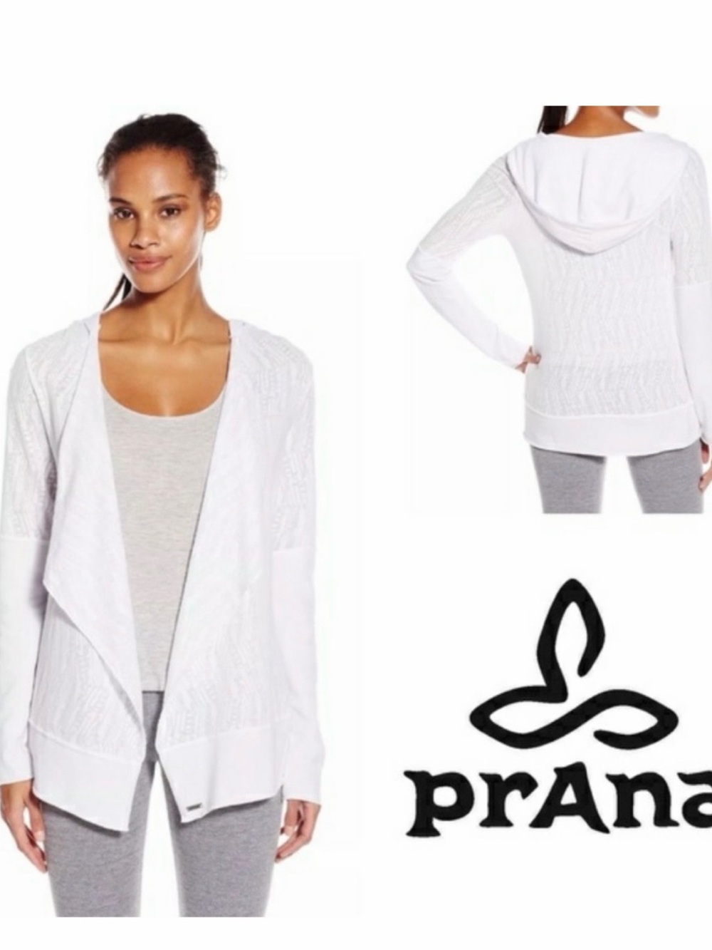 Prana White Graceful Hooded Open-Front Knit Cardigan